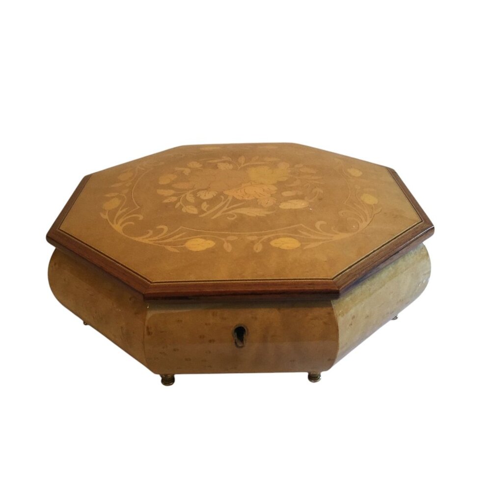 Vintage Reuge Swiss Music Jewelry Box Octagonal Design Floral Inlay & Velvet